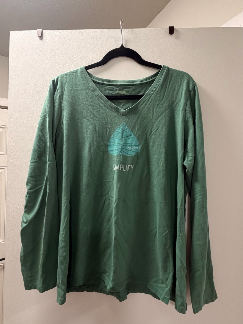 Life Is Good Green V-Neck Long Sleeve Shirt with Leaf Graphic